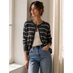 August Silk Cotton Cardigan Size XL Neutral Gray Striped Button Front Minimalist